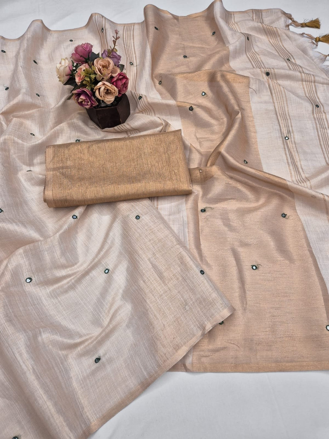 Gold Mysore Silk Linen Mirror Work Saree