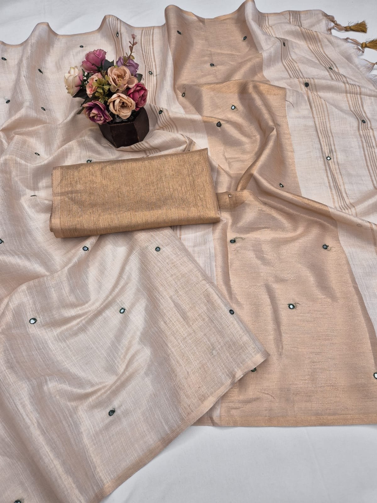 Gold Mysore Silk Linen Mirror Work Saree