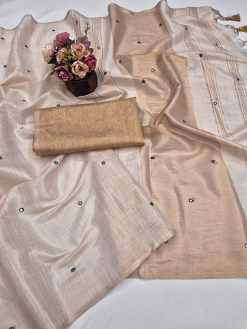 Gold Mysore Silk Linen Mirror Work Saree