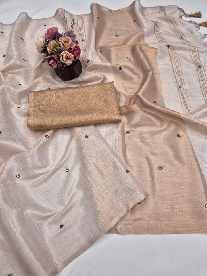 Gold Mysore Silk Linen Mirror Work Saree