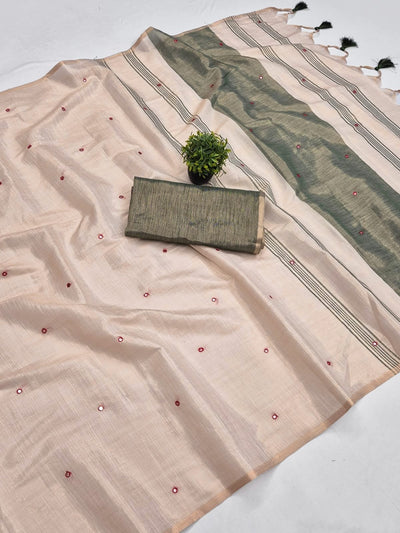 Dark Green Mysore Silk Linen Mirror Work Saree