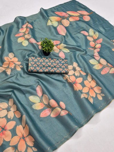 Teal Erode Zari Silk Aari Work Saree