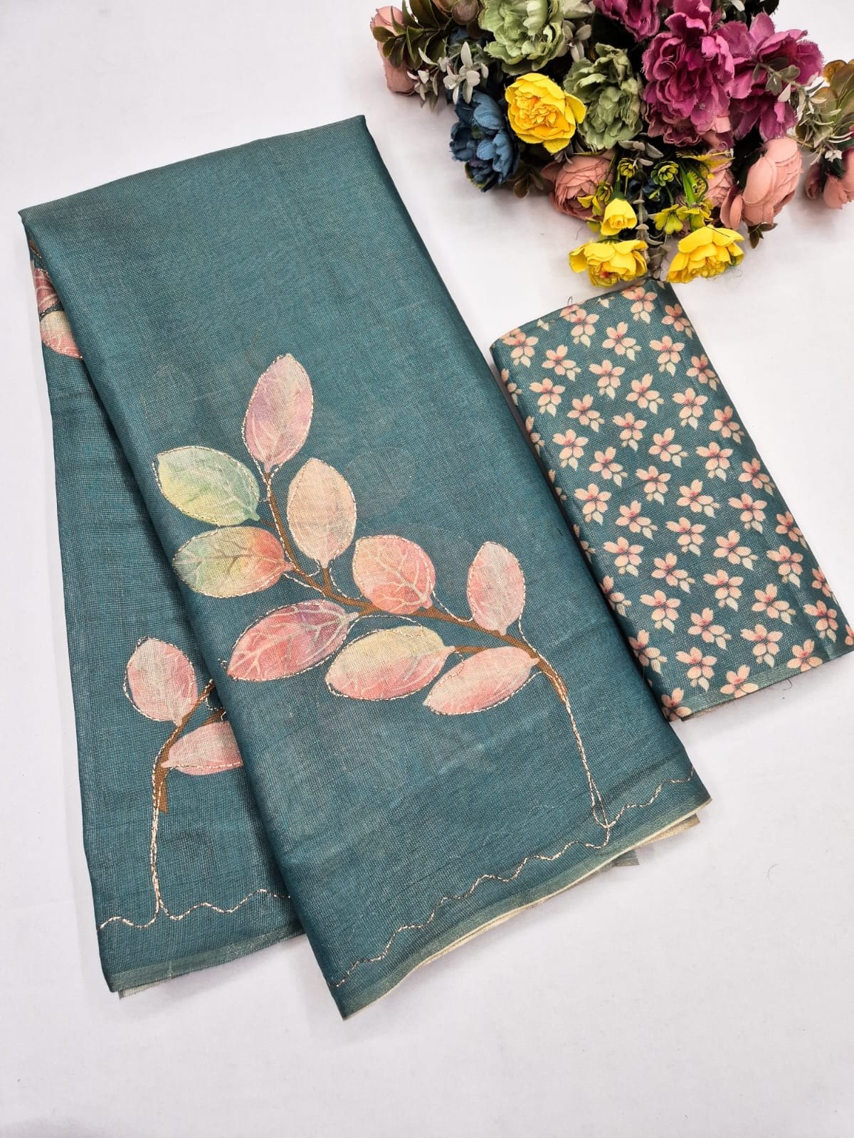 Teal Erode Zari Silk Aari Work Saree, view 2