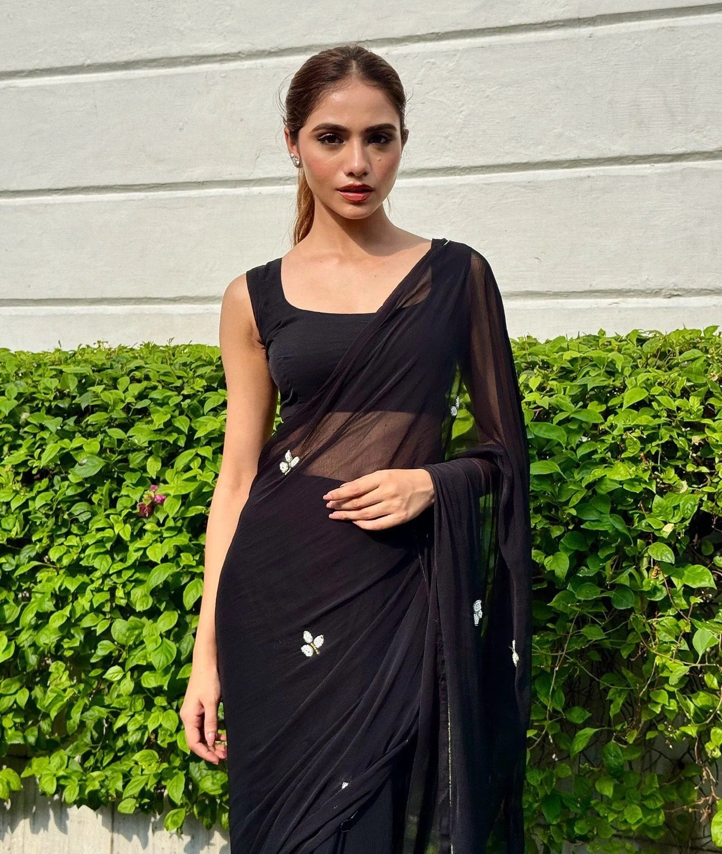 Black - Solid Georgette Chiffon Saree