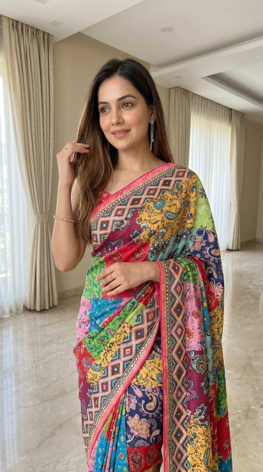 Multicolor Patchwork Print Soft Roman Silk Saree with Real Mirror Work Border & Kodi Latkan Pallu