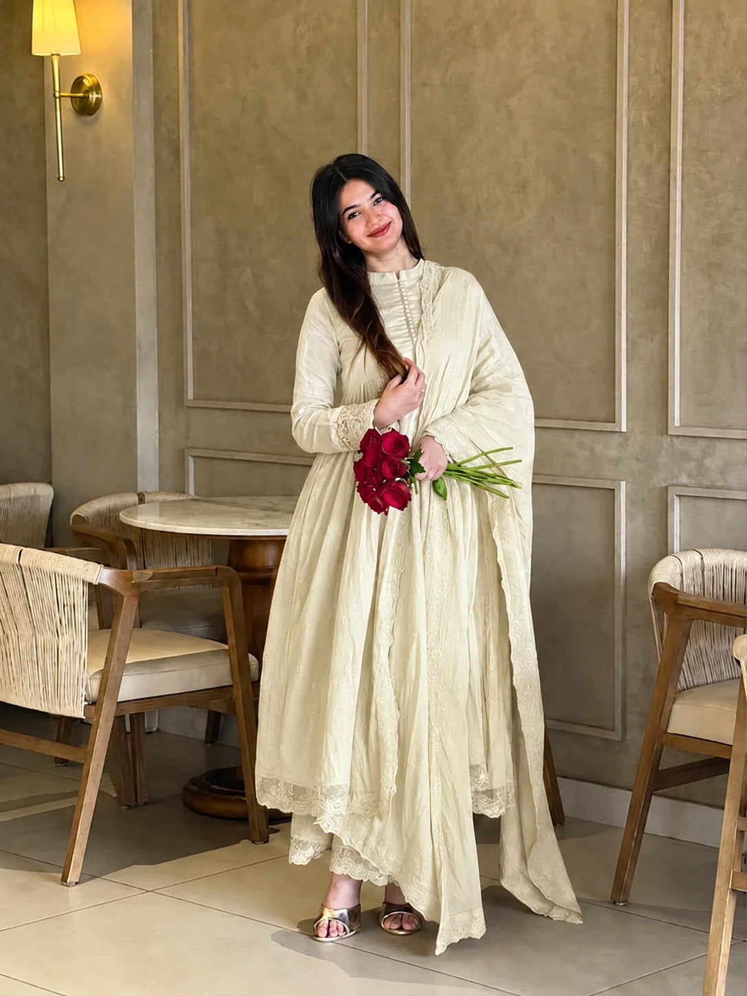 Cream Pleated Anarkali Kurta Set with Embroidered Dupatta