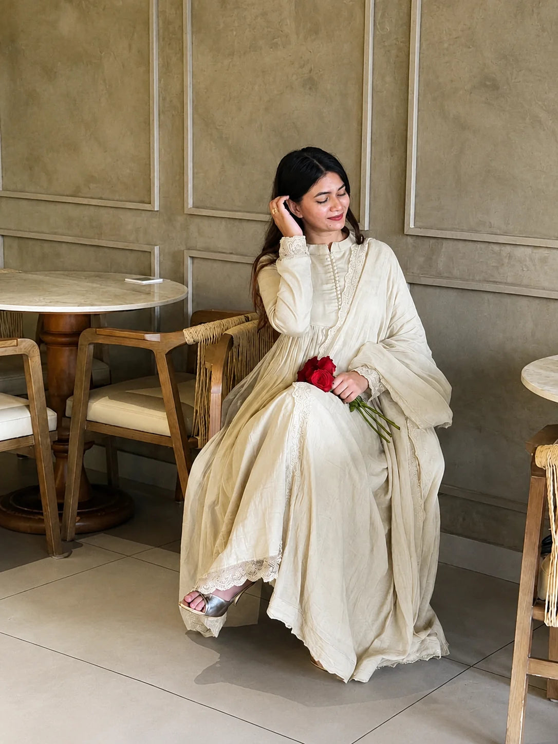 Cream Pleated Anarkali Kurta Set with Embroidered Dupatta