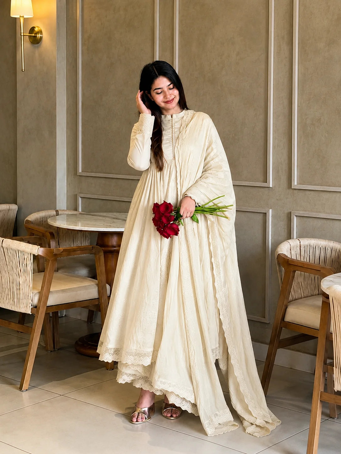 Cream Pleated Anarkali Kurta Set with Embroidered Dupatta