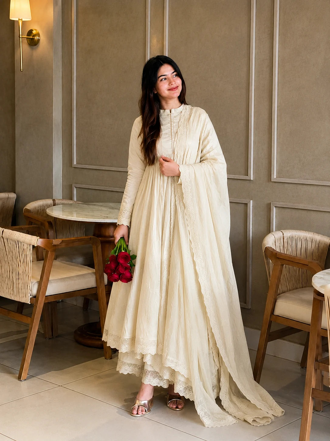 Cream Pleated Anarkali Kurta Set with Embroidered Dupatta