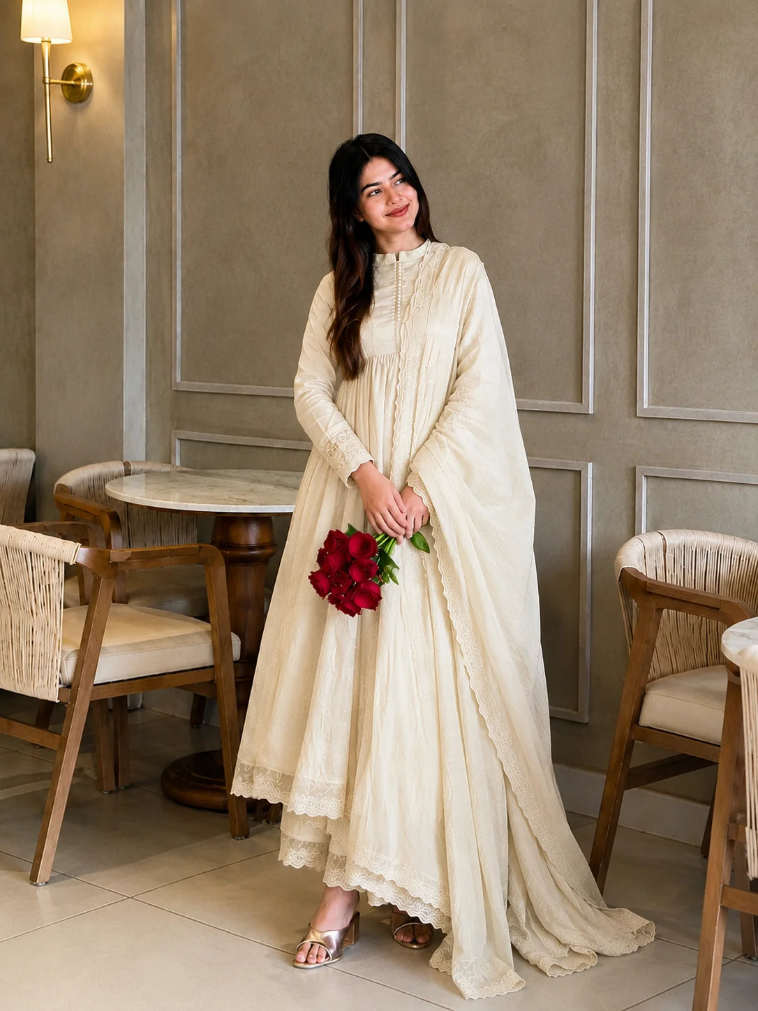 Cream Pleated Anarkali Kurta Set with Embroidered Dupatta