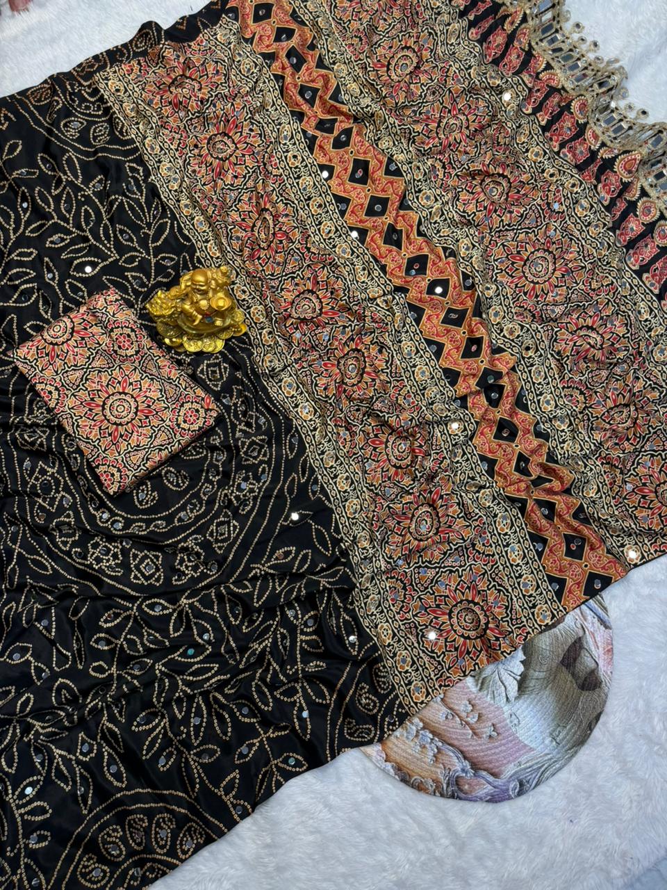 Black Modal Silk Saree with Floral Mandala Print, Mirror Lace Border & Designer Pallu