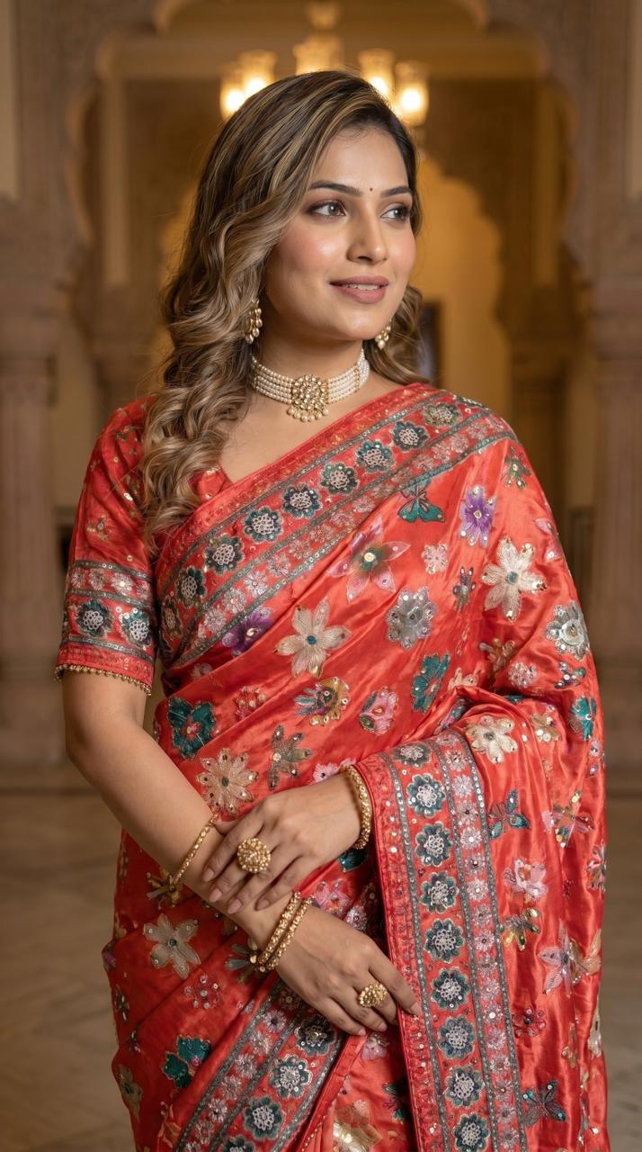 Burnt Orange Mirror Work Silk Saree with Floral Ethnic Design