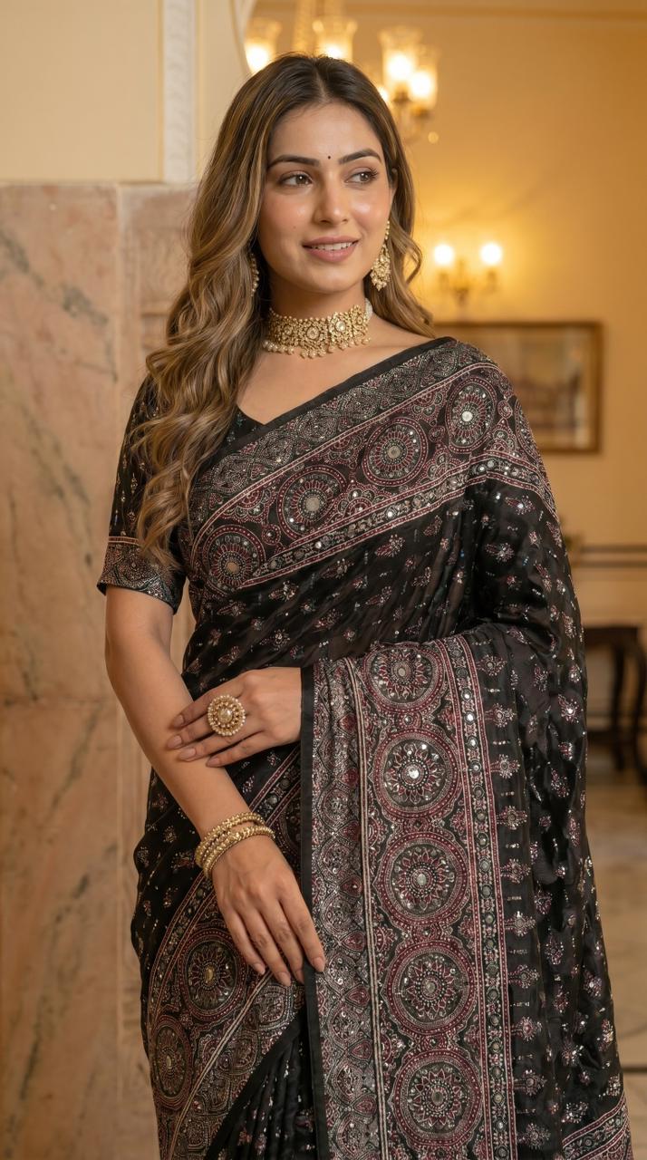 Black Modal Silk Ajrakh Printed Saree with Heritage Medallion Motifs, Rich Traditional Pallu & Tassel Detailing