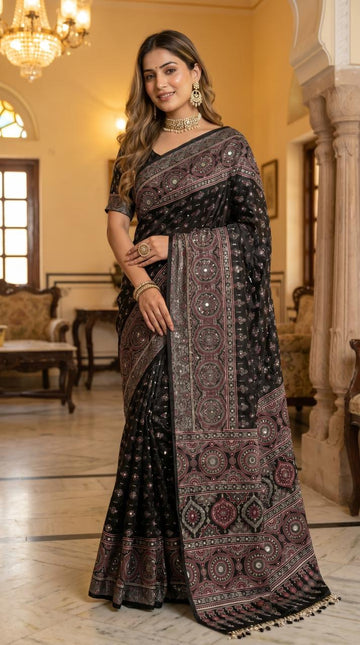Black Modal Silk Ajrakh Printed Saree with Heritage Medallion Motifs, Rich Traditional Pallu & Tassel Detailing