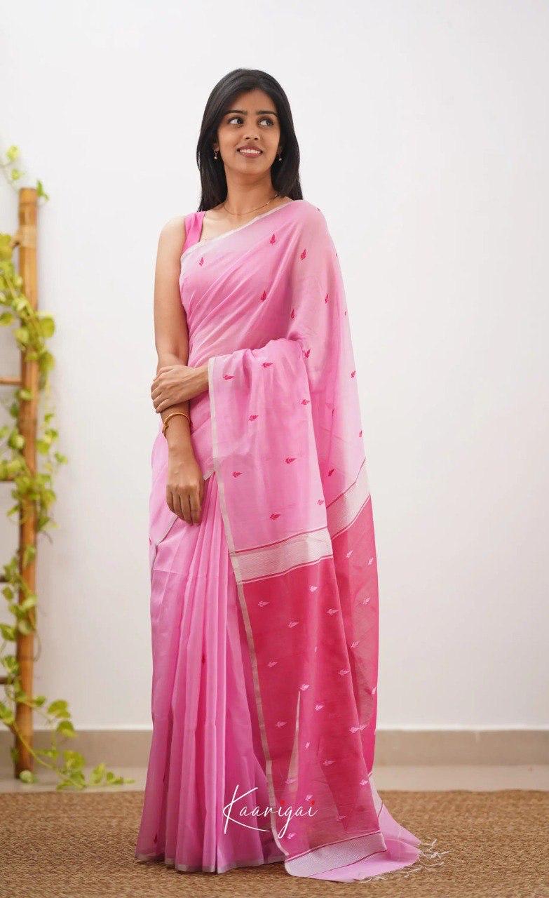 Soft Pink Pure Cotton Saree With Contrast Dark Pink Border