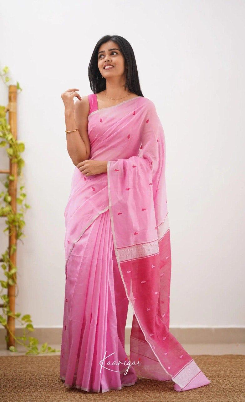 Soft Pink Pure Cotton Saree With Contrast Dark Pink Border