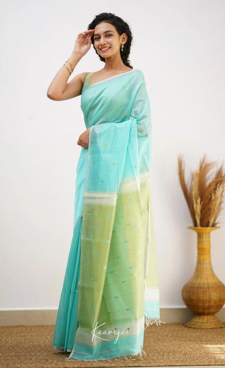 Light Blue Soft Cotton Saree With Contrast Pastel Green Border