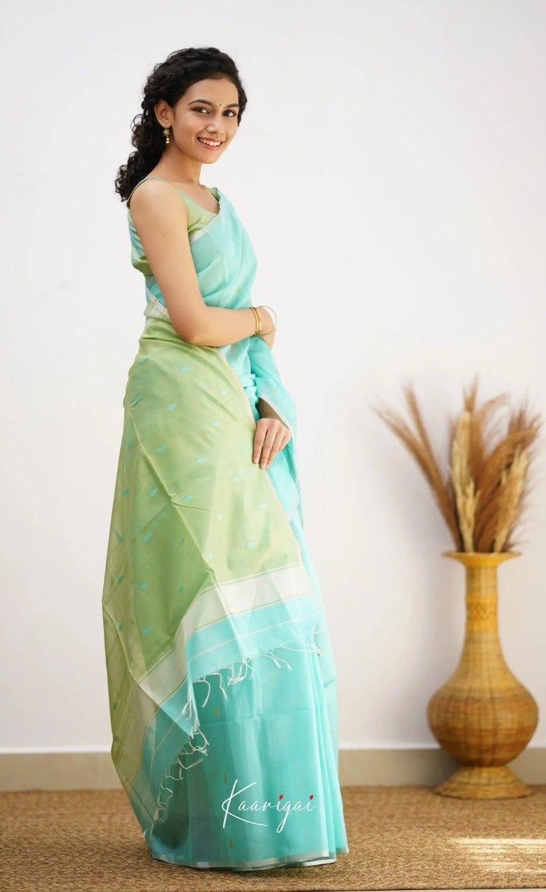Light Blue Soft Cotton Saree With Contrast Pastel Green Border