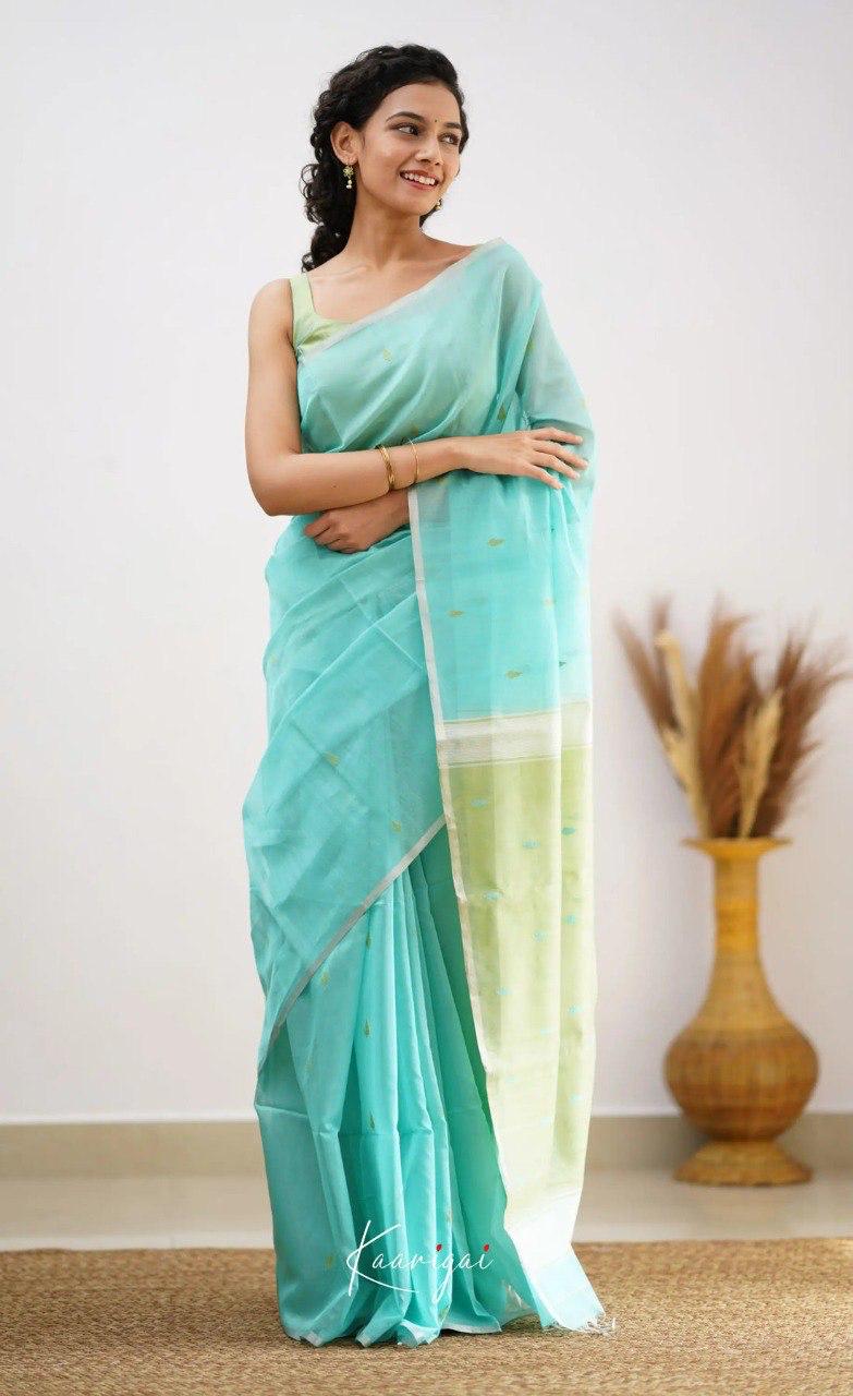 Light Blue Soft Cotton Saree With Contrast Pastel Green Border