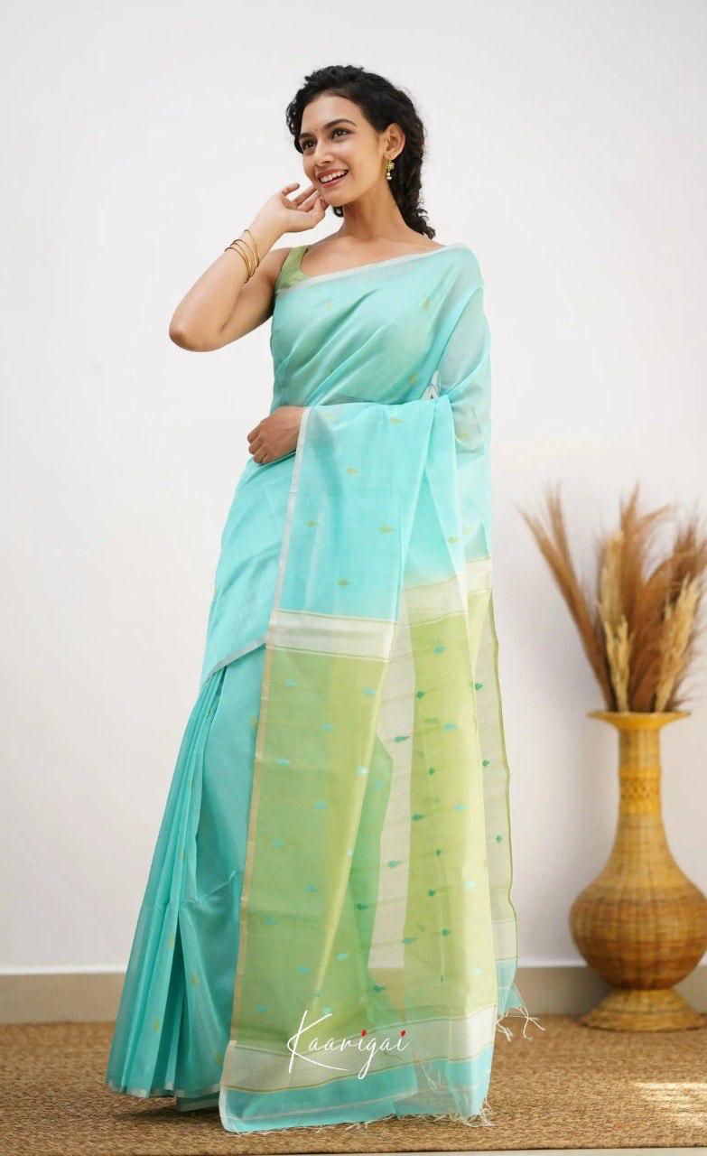 Light Blue Soft Cotton Saree With Contrast Pastel Green Border