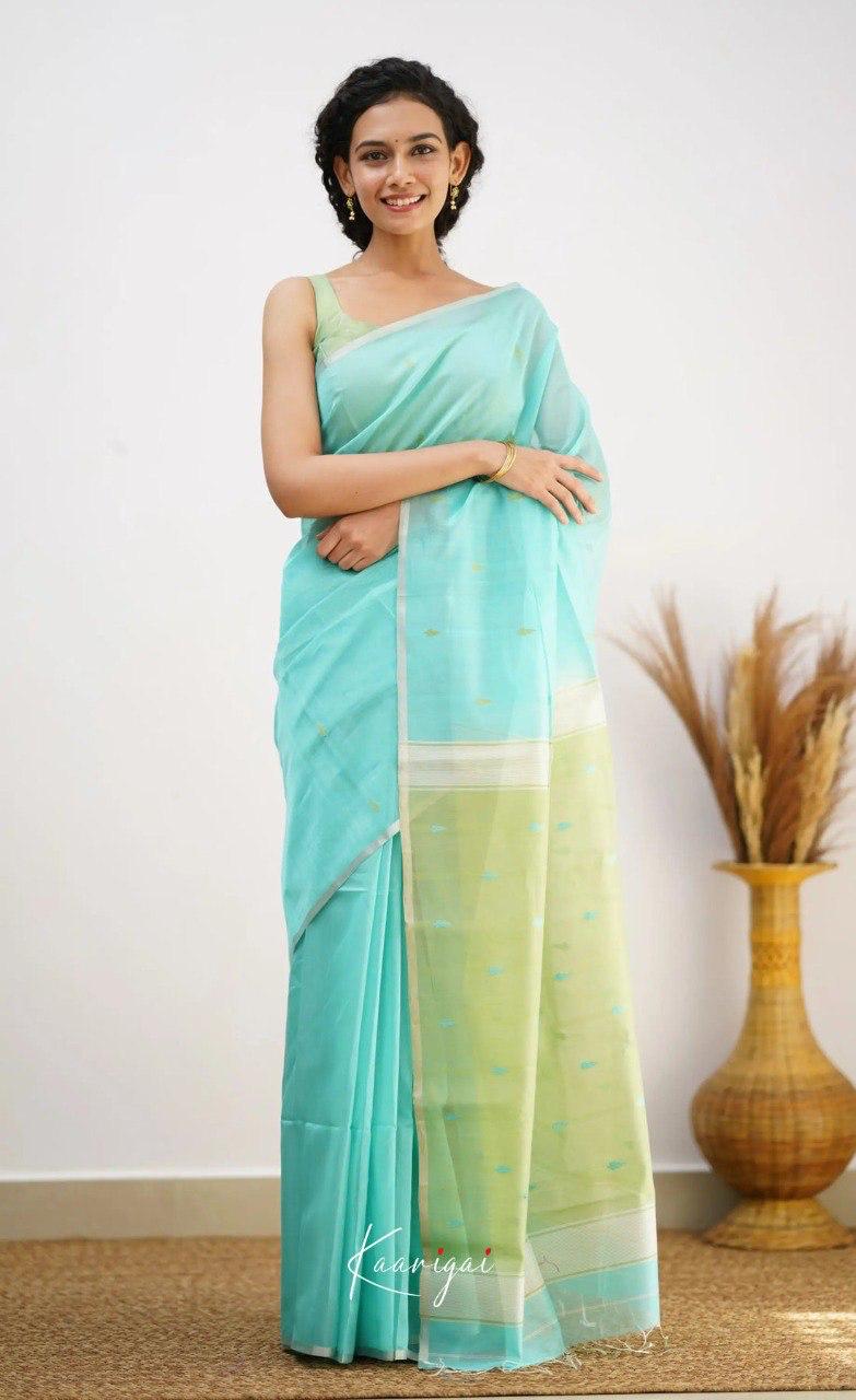 Light Blue Soft Cotton Saree With Contrast Pastel Green Border