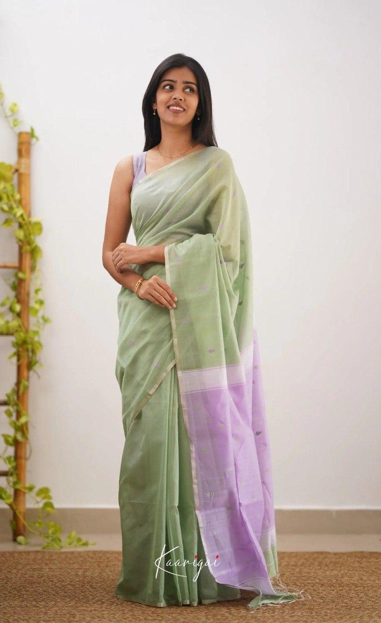 Sage Green Soft Cotton Saree With Contrast Lavender Border