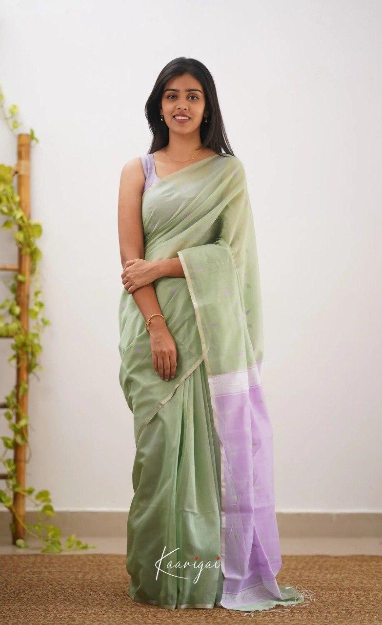 Sage Green Soft Cotton Saree With Contrast Lavender Border