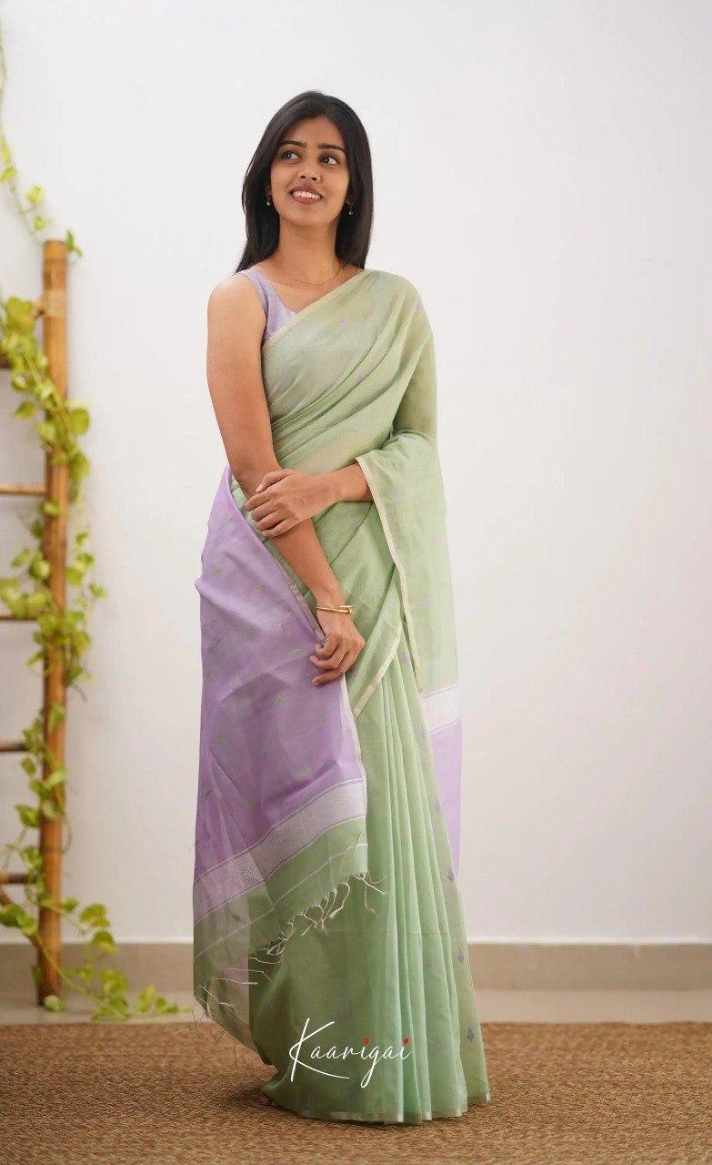 Sage Green Soft Cotton Saree With Contrast Lavender Border