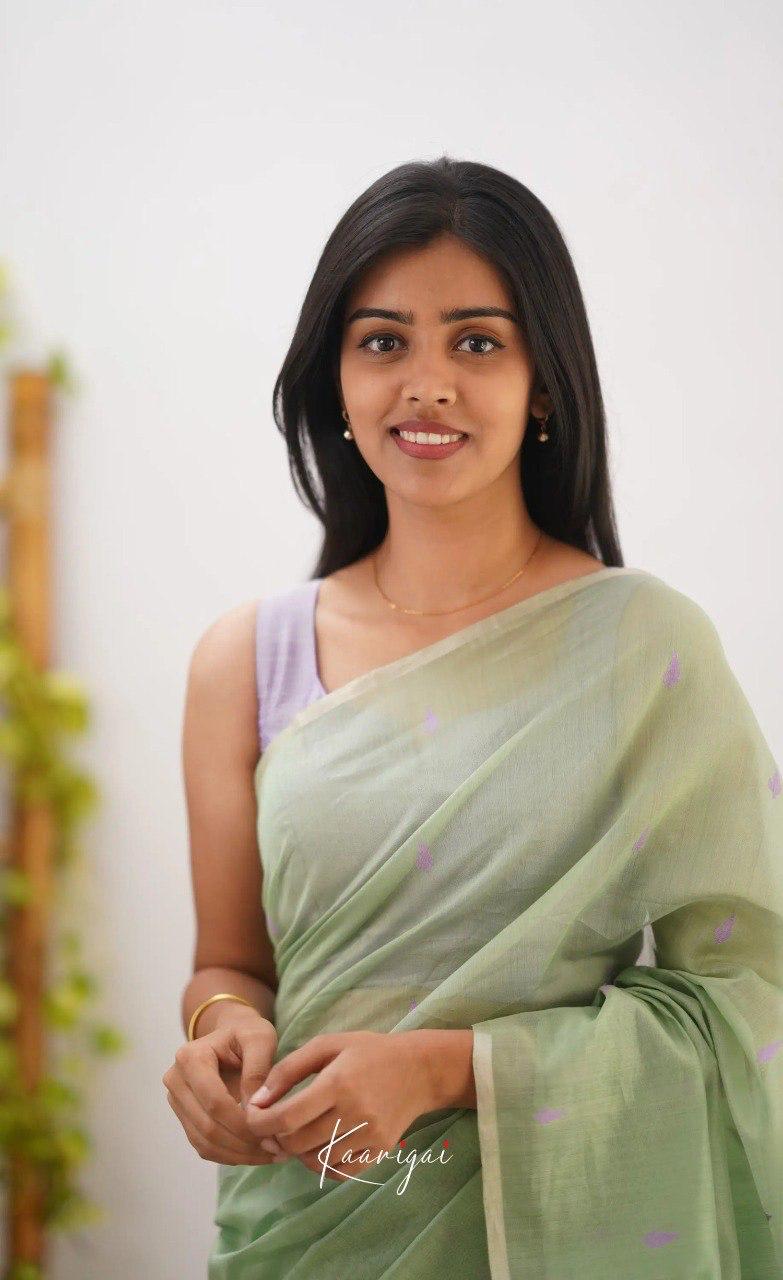 Sage Green Soft Cotton Saree With Contrast Lavender Border