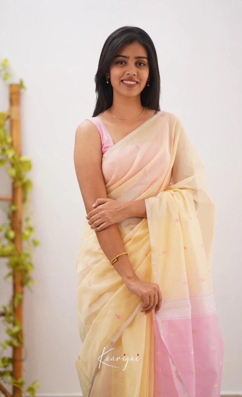 Pastel Yellow Soft Cotton Saree With Contrast Pastel Pink Border