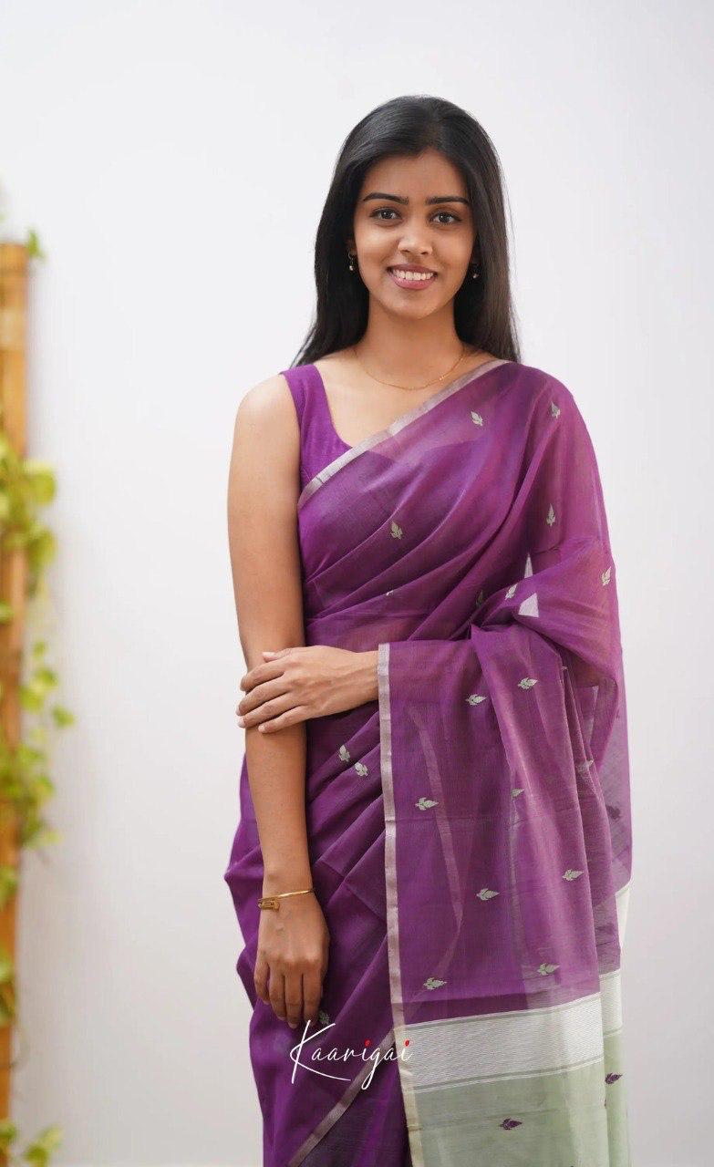 Purple Soft Cotton Saree With Contrast Cream Border
