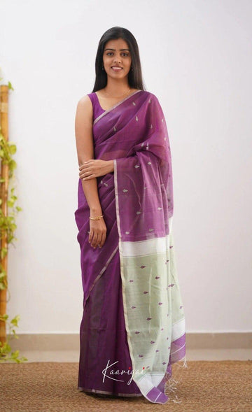 Purple Soft Cotton Saree With Contrast Cream Border
