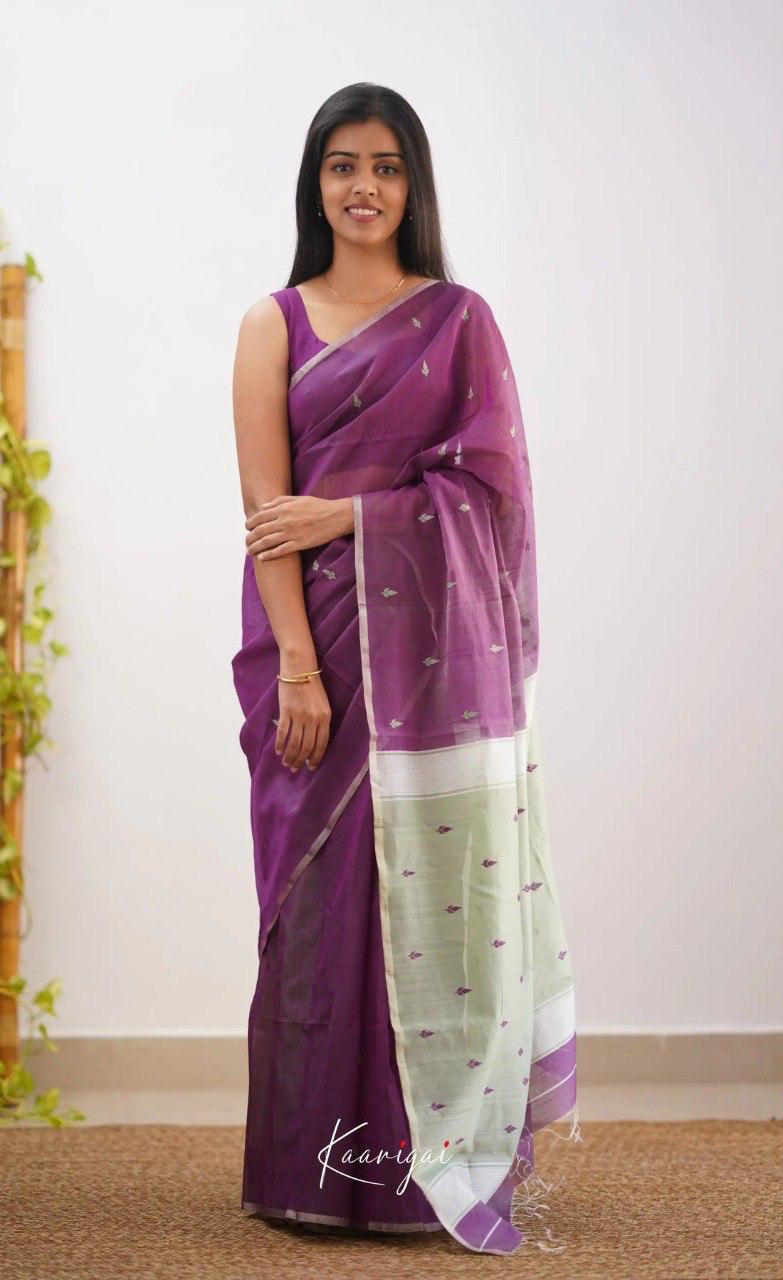 Purple Soft Cotton Saree With Contrast Cream Border