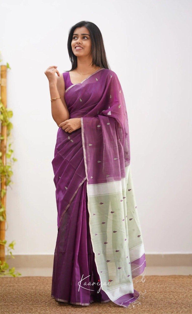 Purple Soft Cotton Saree With Contrast Cream Border