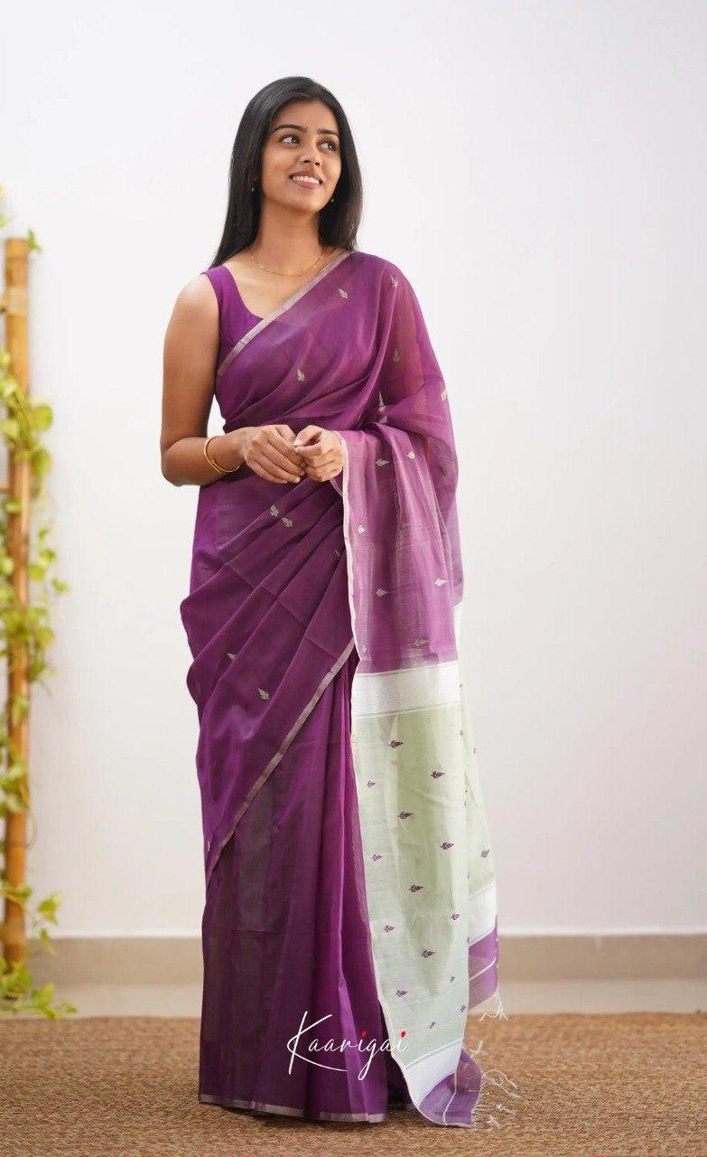Purple Soft Cotton Saree With Contrast Cream Border