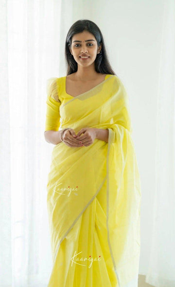 Light Yellow  Soft Cotton Saree With Contrast Cream  Border