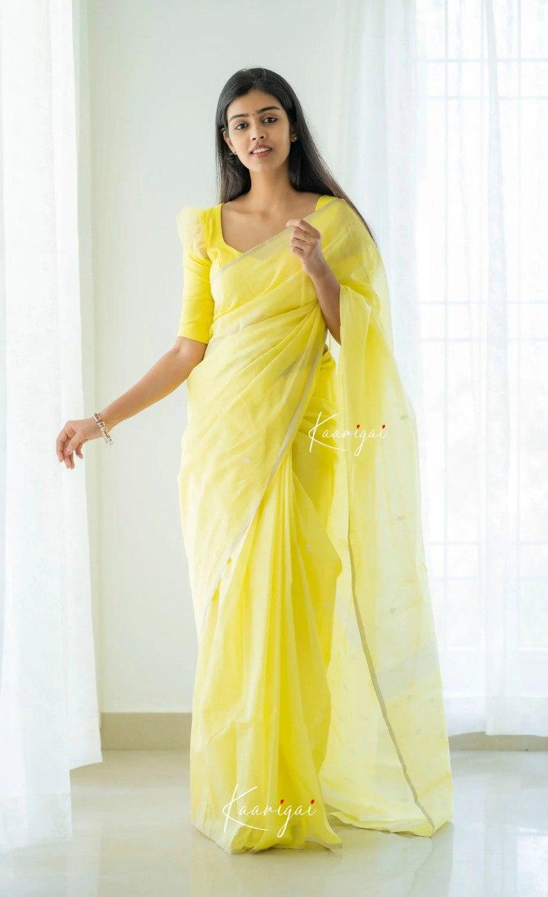 Light Yellow  Soft Cotton Saree With Contrast Cream  Border