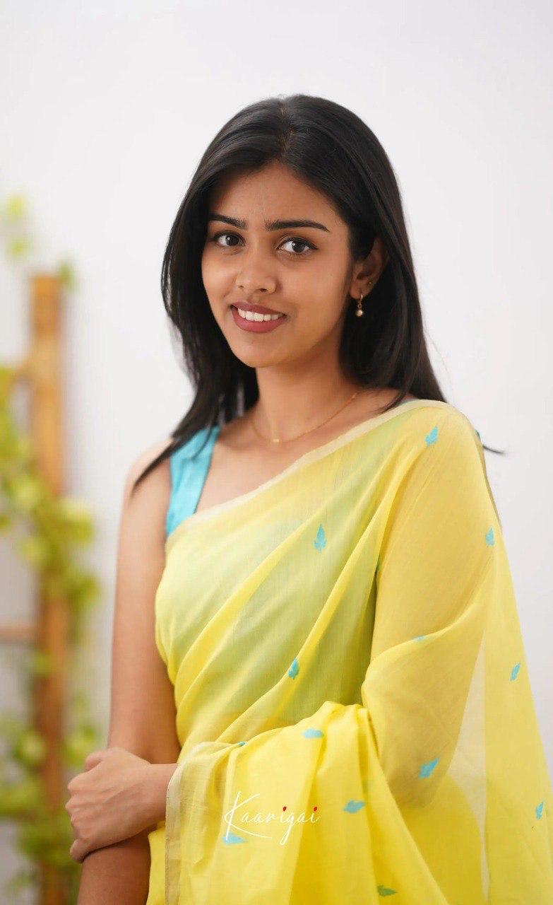 Bright Yellow Soft Cotton Saree With Contrast Sky Blue  Border