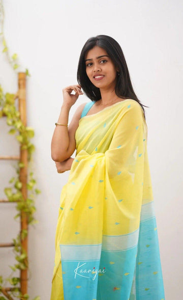 Bright Yellow Soft Cotton Saree With Contrast Sky Blue  Border