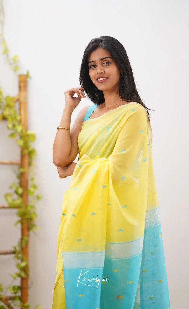 Bright Yellow Soft Cotton Saree With Contrast Sky Blue  Border