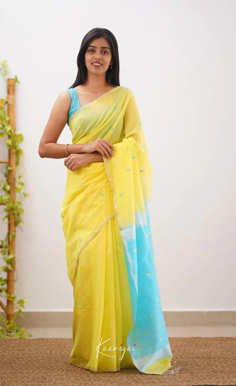Bright Yellow Soft Cotton Saree With Contrast Sky Blue  Border