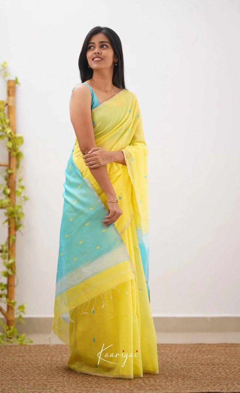 Bright Yellow Soft Cotton Saree With Contrast Sky Blue  Border