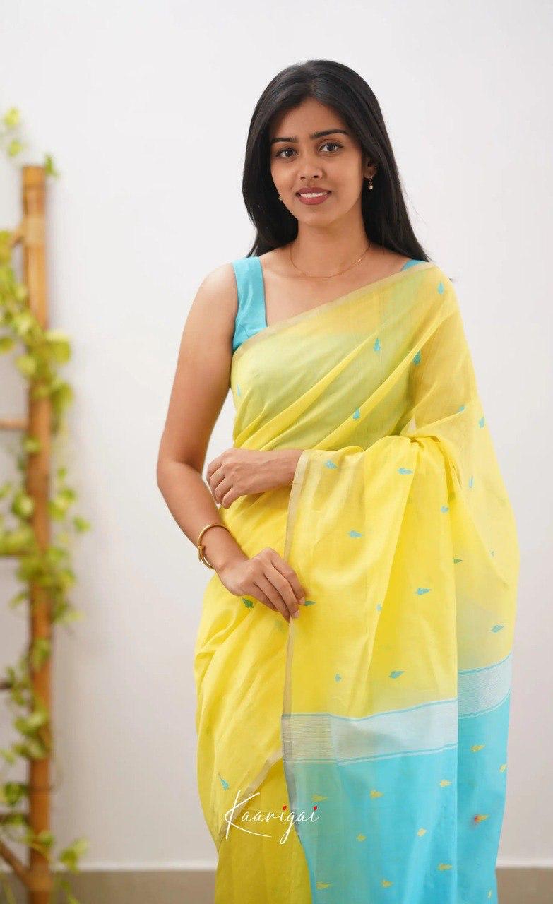 Bright Yellow Soft Cotton Saree With Contrast Sky Blue  Border