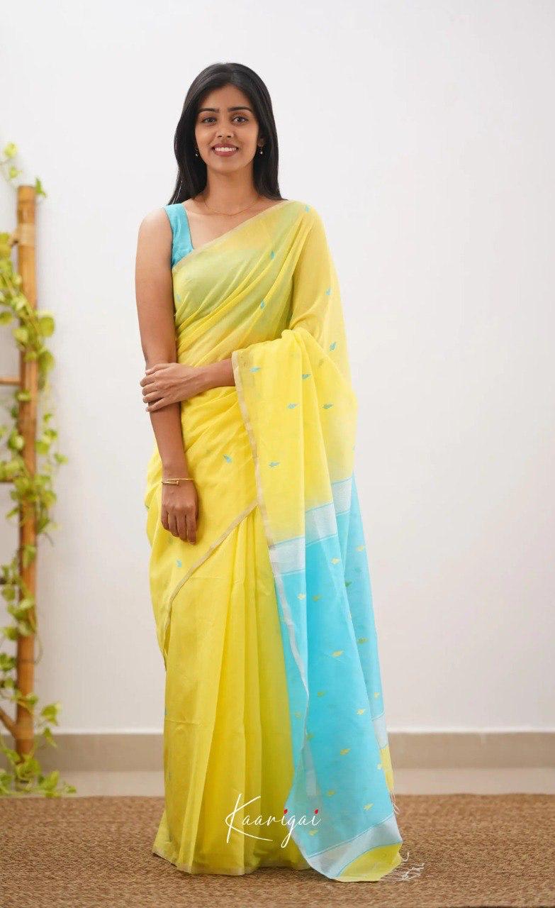Bright Yellow Soft Cotton Saree With Contrast Sky Blue  Border