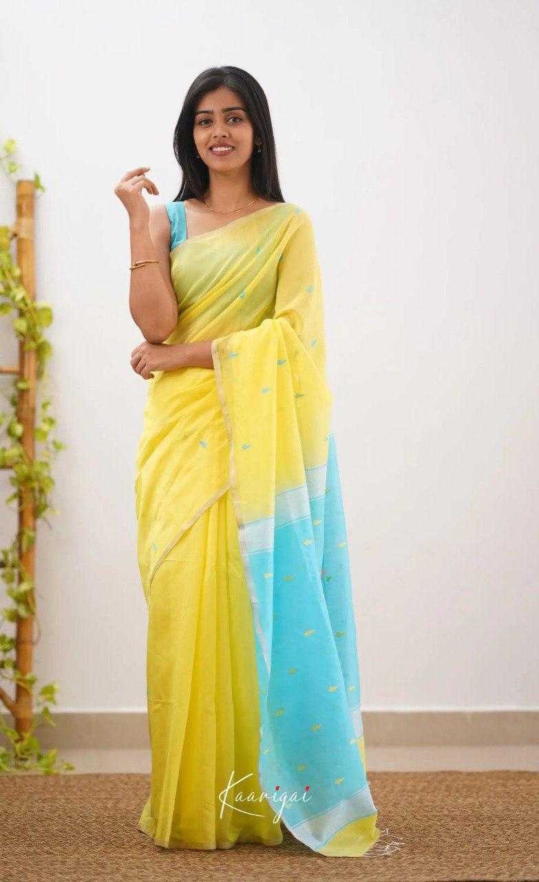 Bright Yellow Soft Cotton Saree With Contrast Sky Blue  Border