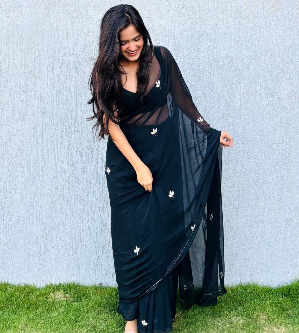 Black - Solid Georgette Chiffon Saree