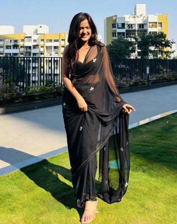 Black - Solid Georgette Chiffon Saree