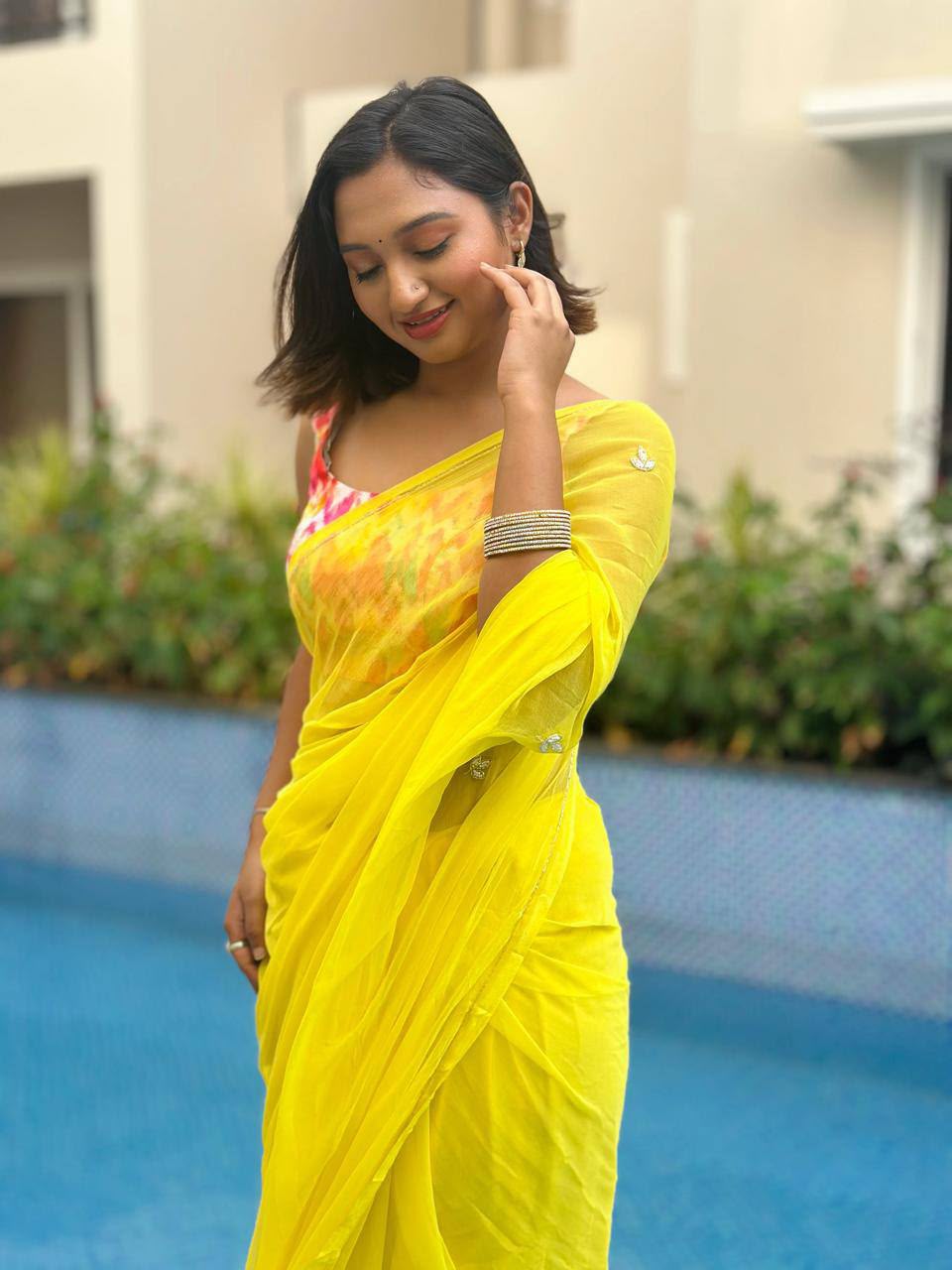 Yellow Chiffon Saree
