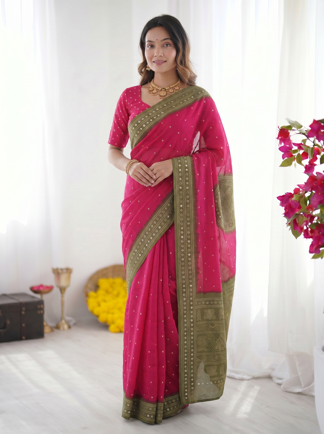 Rani Pink & Olive Green Bandhani Inspired Modal Silk Saree with Traditional Folk Print Pallu & Stone Embellishments