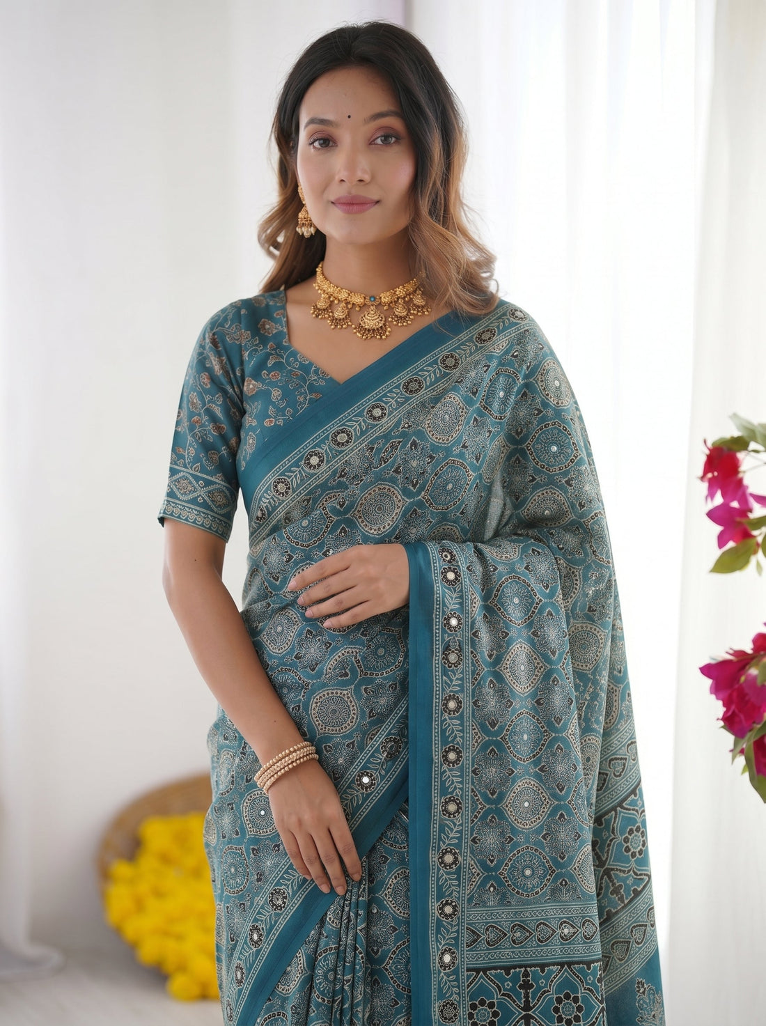 Teal Blue Modal Silk Saree with Heritage Geometric Motifs, Intricate Printed Border & Traditional Designer Pallu